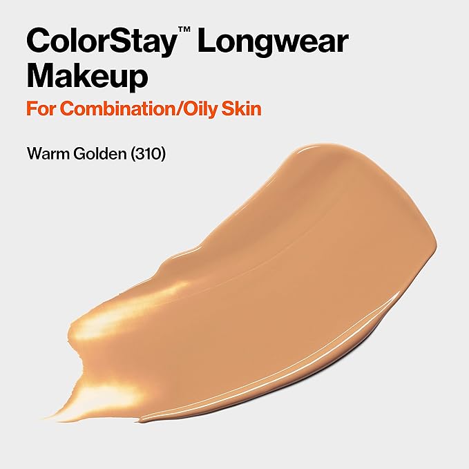 Revlon Liquid Foundation, ColorStay Face Makeup for Combination & Oily Skin, SPF 15, Longwear Medium-Full Coverage with Matte Finish, Warm Golden (310), 1.0 Oz