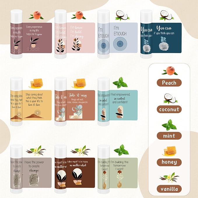 Mental Health Awareness Gifts Lip Balm Bulk Inspirational Lip Balm with Positive Daily Affirmation Cards Self Care Gifts Gifts for Women Men Stress Relief Family Reunion Favor(50 Sets)