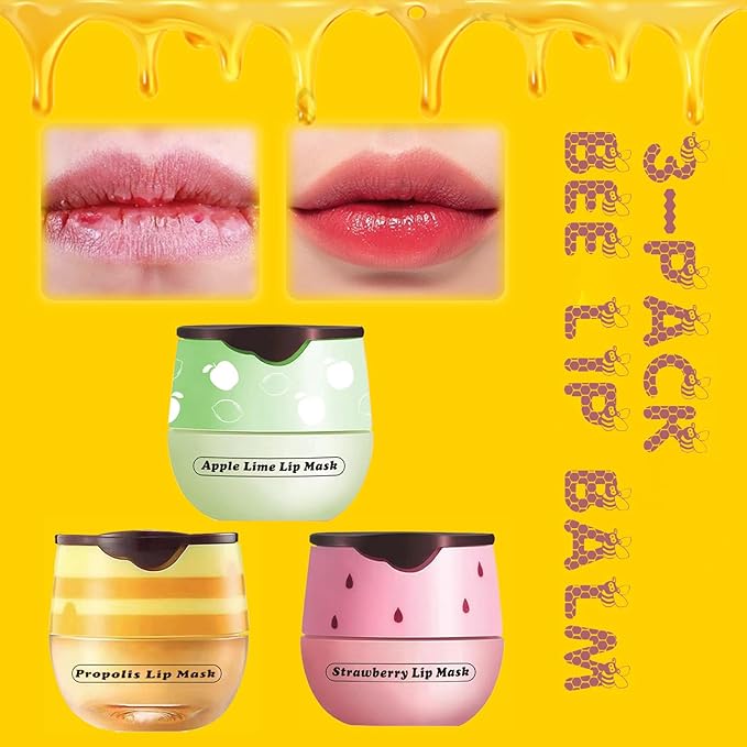 3PCS Lip Balm Honey Pot, Honey Pot Lip Balm for Dry Cracked Lips, Strawberry Lip Balm Scrubs Exfoliator & Moisturizer, Hydrating Lip Balm Honey Pot with Wand, Lip Sleeping Mask (3pcs)