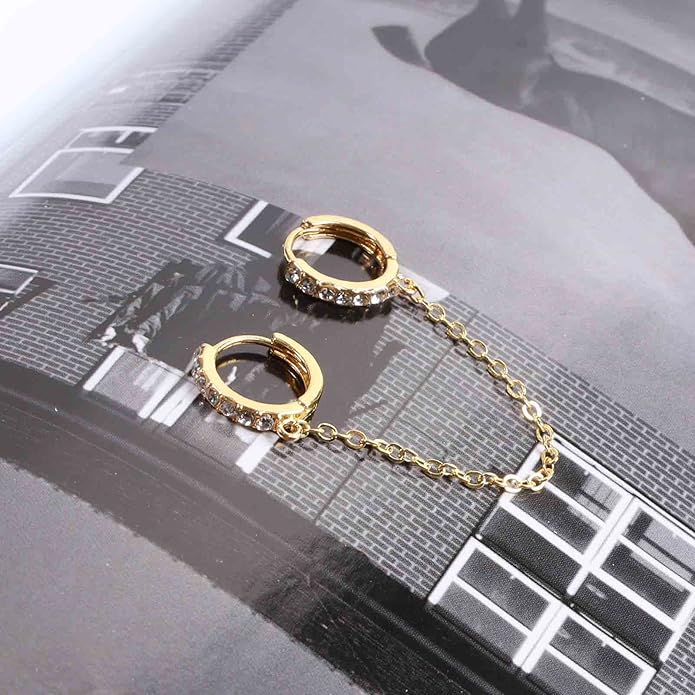 Boho Double Chain Hoop Earrings Gold Cz Hoop Chain Earrings Punk Dangle Chain Earrings Rhinestone Huggies Studs Earrings Jewelry for Women and Girls Gifts