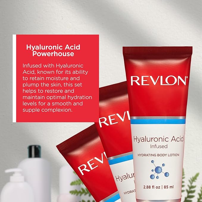 REVLON Get Carried Away Trio Hydrating Travel Set, Hyaluronic Acid Infused, Hydrating Body Wash, Body Lotion, Exfoliating Body Scrub, 3 Count (2.88 fl oz)
