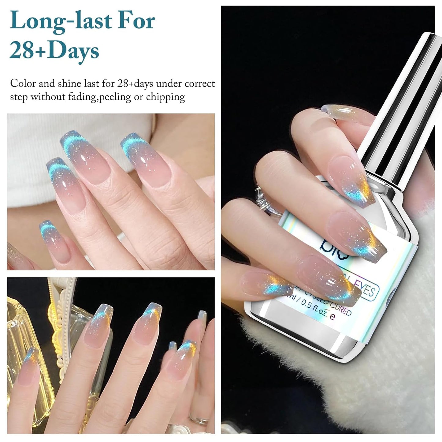 Cat Eye Gel Nail Polish with Magnet Stick, 15ml Glitter Holographic Nail Polish, Magnetic Effect Gel for Home DIY Manicure Gift, Blue Tears