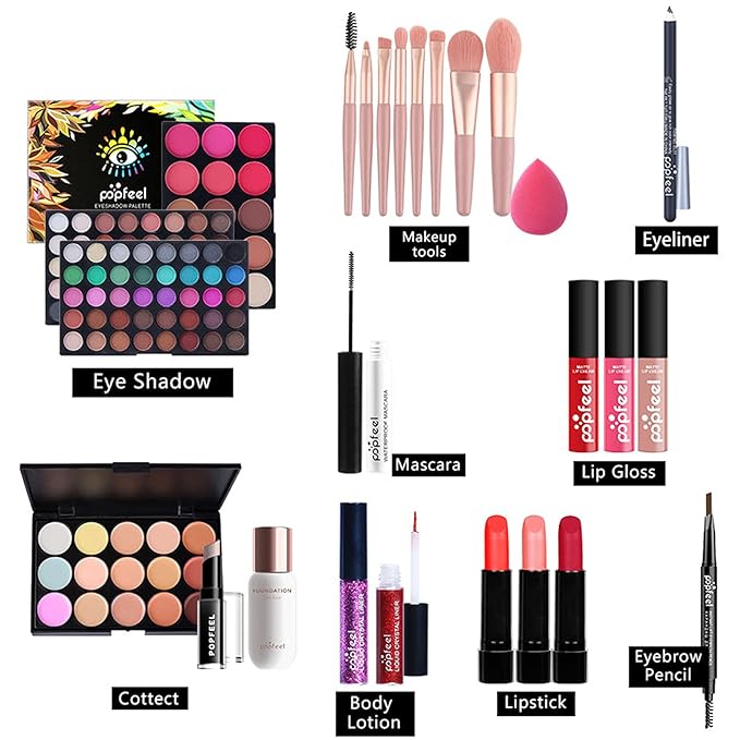 Professional All in One Makeup Kits for Women, Cosmetic Essential Starter Bundle, Eye Shadow, Blush, Liquid Lipgloss, Foundation Brush, Makeup Set with Makeup Bag, Christmas Valentines Gift Box