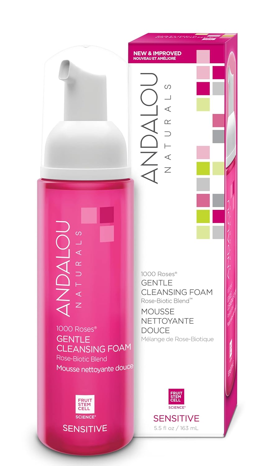 Andalou Naturals 1000 Roses Gentle Cleansing Foam | Foaming Face Wash with Rose Stem Cells & Organic Aloe Leaf Juice | Hydrating Daily Cleanser for Sensitive Skin | 5.5 fl oz