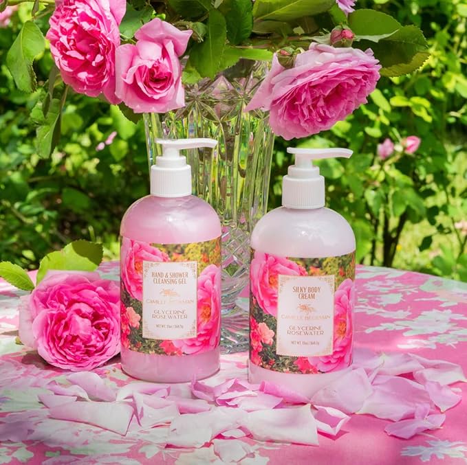 Camille Beckman Essentials Gift Basket, Glycerine Rosewater, Glycerine Hand Therapy 6 oz, Silky Body Cream 13 oz, Hand and Shower Cleansing Gel 13 oz, Glycerine Soap 3.5 oz
