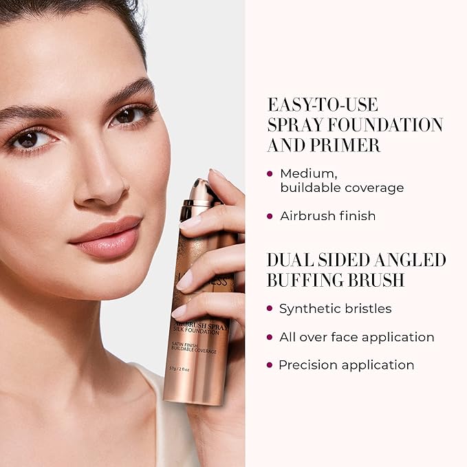 LUMINESS Silk Airbrush Spray Foundation Makeup Starter Kit - Full Coverage Foundation, Primer & Dual-Sided Angled Buffing Brush - Medium Warm