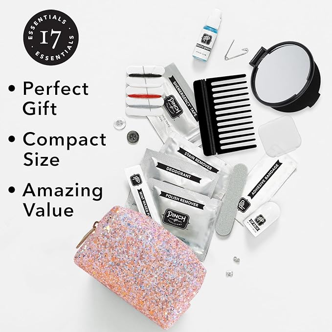 Pinch Provisions Rosé Minimergency Kit, includes 17 Travel-Sized Cosmetic Essentials, Convenient for Purses, Emergency Beauty Accessories, Gifts for Holiday’s & Birthday’s