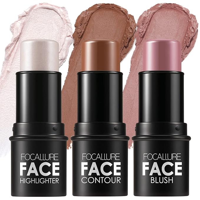 FOCALLURE 3 Pcs Cream Contour Sticks,Shades with Highlighter & Bronzer & Blush,Non-greasy Long-wear Face Contouring Pen,Easy to Sculpt the Face and Create a Lightweight Finishing Makeup,UNIVERSAl