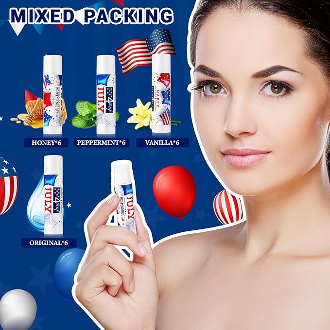 24 Pcs SPF 30 Lip Balm Bulk for Summer Wedding Baby Shower 4th of July Party Sunscreen Lip Balm Sticks Outdoor Travel Sunscreen Care Lip Balm for Thank You Gifts Party Supplies (4th of July)