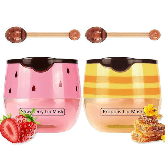 2PCS Bee Lip Balm Honey Pot & Strawberry Vitamin E Lip Sleep Masks Hydrating Prevention Dry and Cracked Lip Scrubs Exfoliator, Reduces Lip Lines，Lip Exfoliating Balm Sleeping Lip Mask