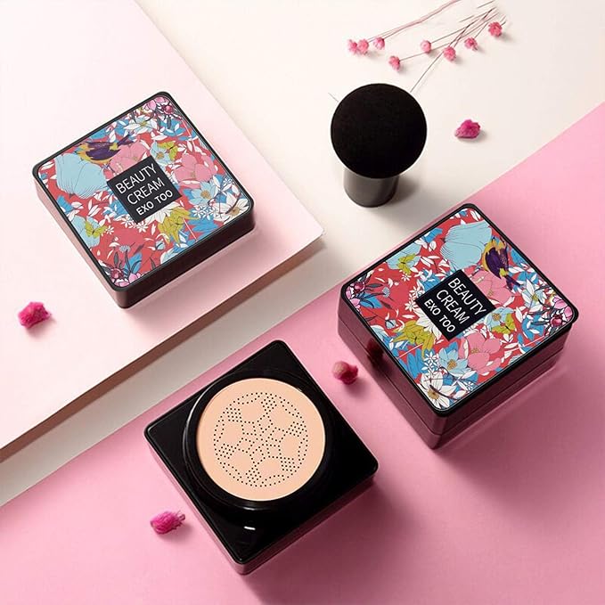 Mushroom Head Air Cushion CC Cream Foundation,Beauty Cream EXO TOO Moisturizing BB Cream, Long Lasting Matte Concealer with 2PCS Mushroom Head Sponges (Natural)