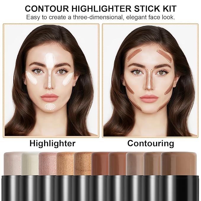 2Pcs Cream Contour Stick Makeup Kit, Cream Highlighter Stick and Bronzer Contour Stick with Longwear Waterproof Formula for Brightening and Trimming the Cheeks, Makeup Brush Include (#05, 10)