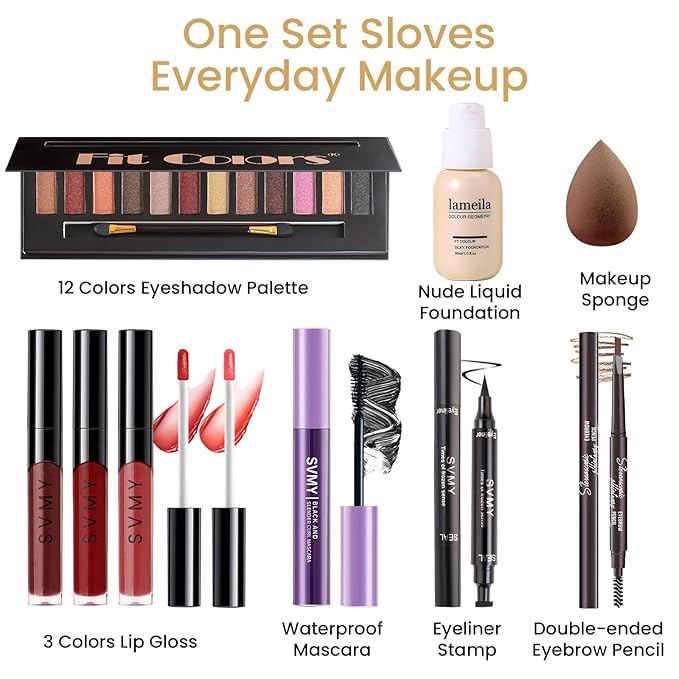 Makeup Gift Set for Teens Girls, Travel Makeup Kit for women, Makeup Full Kit for Beginners & Professionals, Cosmetic Bag Include Matte & Glitter Eyeshadow Palette, Long Lasting Lip Gloss