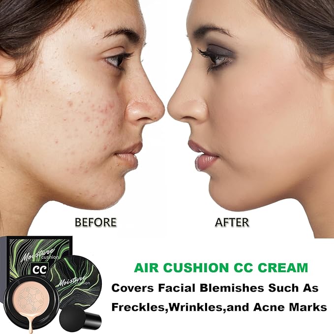 2PCS Mushroom Head Air Cushion CC Cream Foundation,Moisturizing Mushroom Head Foundation BB Cream Makeup Foundation Matte Concealer Full Coverage Long-lasting Oil Control (Natural)