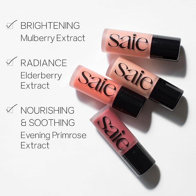 Saie Dew Blush - Lightweight Liquid Blush with a Blendable + Buildable Cream Finish - Dewy Cheek Tint with Doe Foot Wand Makeup Applicator - Cool Baby Pink Blush - Baby (.40 oz)