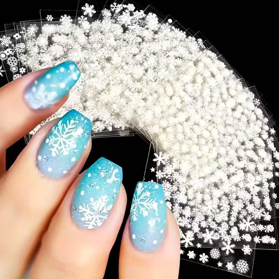 30 Sheet White Snowflakes Nail Art Stickers Christmas Snowflake Decals 3D Self-Adhesive Nail Art Supplies Charms for Nails Art Manicure Tips Decoration