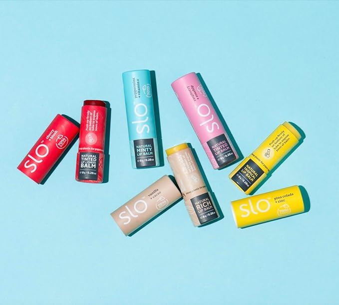 Slo | Natural Lip Balm - All Natural Ingredients, Vegan & Cruelty Free, Hydrating & Soothing, Plastic Free, Paper Packaging | Raspberry + Rosehip, 0.28oz