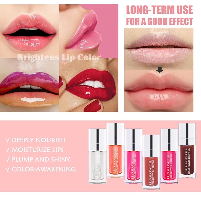 3PCS Lip Oil Set, Hydrating Lip Glow Oil Lip Plumper Gloss, Tinted Lip Oils Transparent Long Lasting Non-sticky Lip Gloss, Plumping Lip Gloss Lip Care Kit (Pink & Rosewood & Cherry)