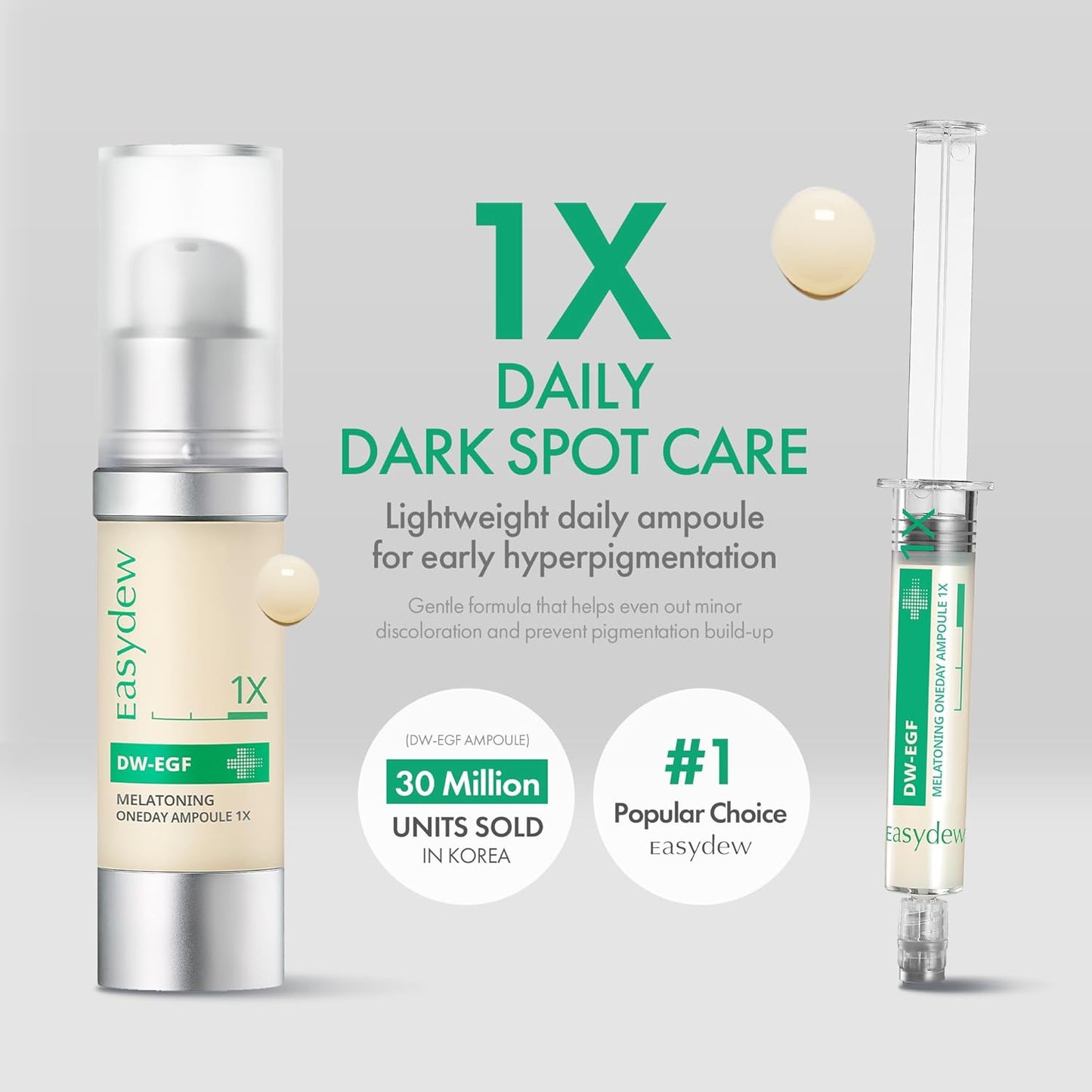 Easydew DW-EGF Melatoning Ampoule 1X - Hydrating Dark Spot Serum with Niacinamide & Glutathione for Uneven Skin - Fast Absorbing Day & Night Ampoule Korean Skin Care (Pump 0.27 fl oz, EGF 1X)