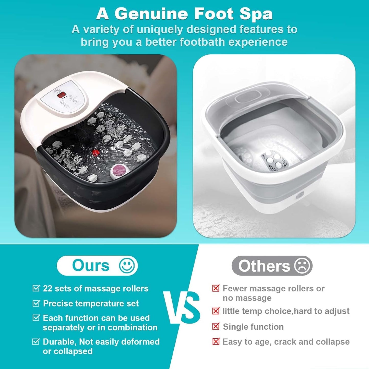 Foot Spa Bath Massager with Heat [2025 Upgraded], Jets, Vibration, Adjustable Temp, Bubbles, Epsom Salt, Foot Soaking Tub with 22 Massage Rollers, Pedicure Foot Spa for Relaxation, Black