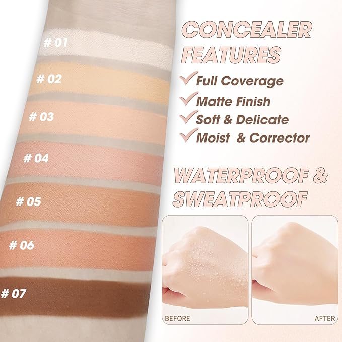 Cream Concealer Full Coverage Makeup, Matte Color Correcting Concealer with Brush, Waterproof, Conceals Blemish, Pores and Spots, Under Eye Makeup Concealer for Dark Circles (#02 LIGHT CREAM)