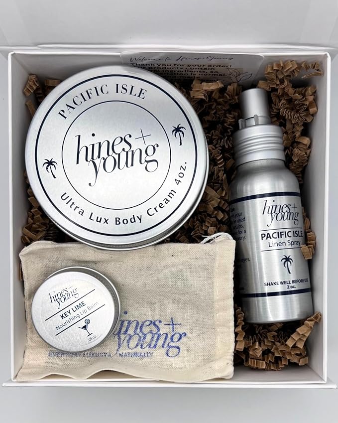 Hines+Young Travel Tins Gift Set - 4 oz Body Cream, 2 oz Linen Spray, Natural Lip Balm - Skin Care and Refreshing Home Fragrance, Ideal Self-Care Gift Set (Pack of 3, Pacific Isle)