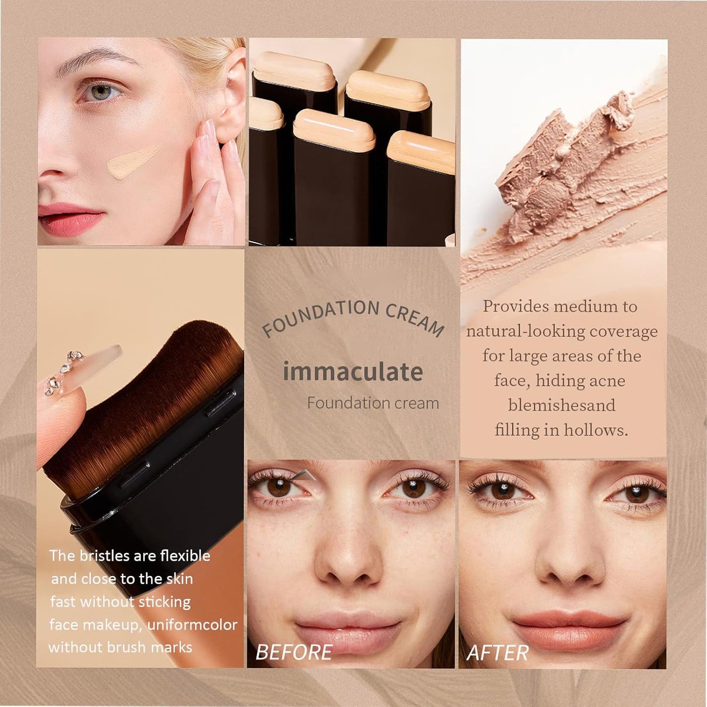 Face Foundation Concealer Stick,2-in-1 Long-wear Lightweight Contour Brighten Stick Blemish with Brush, Waterproof, Hydrating Full Coverage Dark Circles & Blemishes(05#Deep Wheat)
