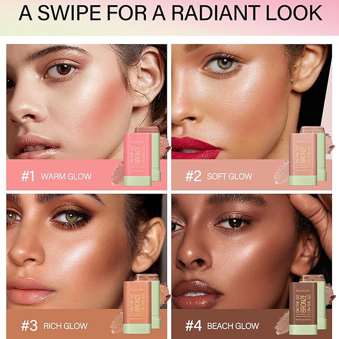 On-The-Go Bronzer Stick,Multi-Use Cream Contour Stick,Natural Long Lasting Face Bronzer,Smooth Highlighter Contour Stick,Bronze Contour Makeup Facial Shaping,04 Beach Glow