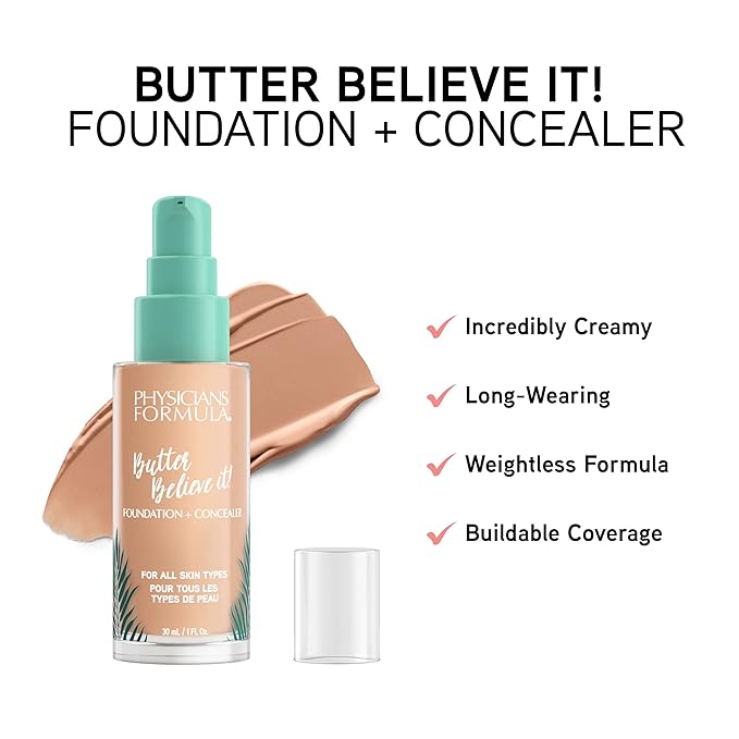 Physicians Formula Butter Believe It! Foundation + Concealer, Light-to-Medium | Dermatologist Tested, Clinicially Tested