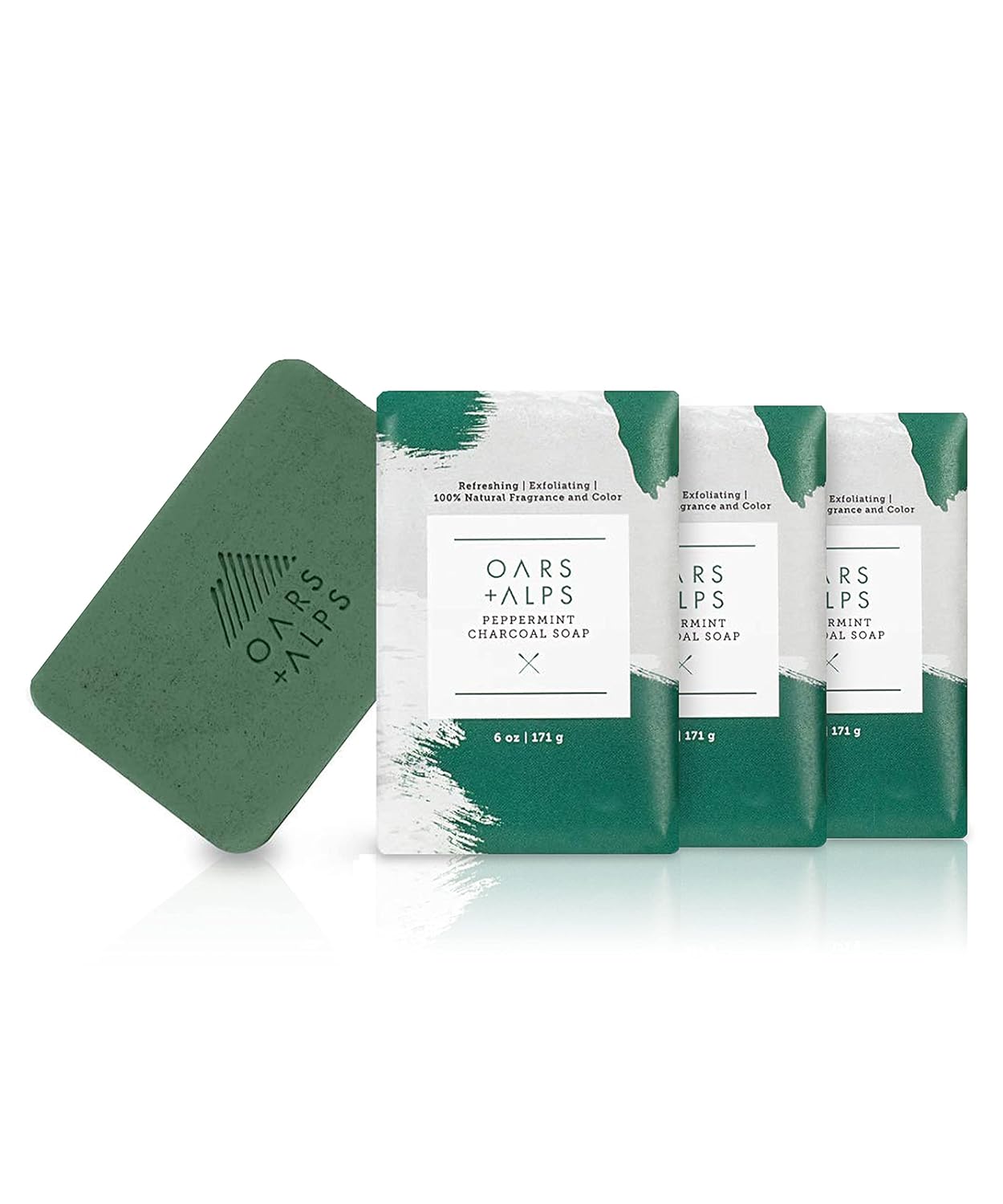 Oars + Alps Peppermint Charcoal Exfoliating Men's Bar Soap, Dermatologist Tested and Made with Clean Ingredients, Travel Size, 3 Pack, 6 Oz Each