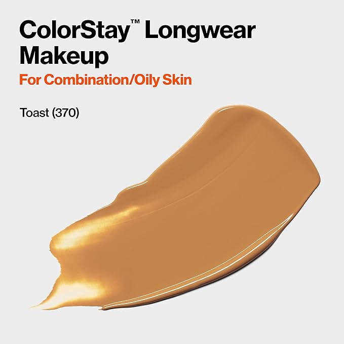 Revlon Liquid Foundation, ColorStay Face Makeup for Combination & Oily Skin, SPF 15, Longwear Medium-Full Coverage with Matte Finish, Toast (370), 1.0 Oz