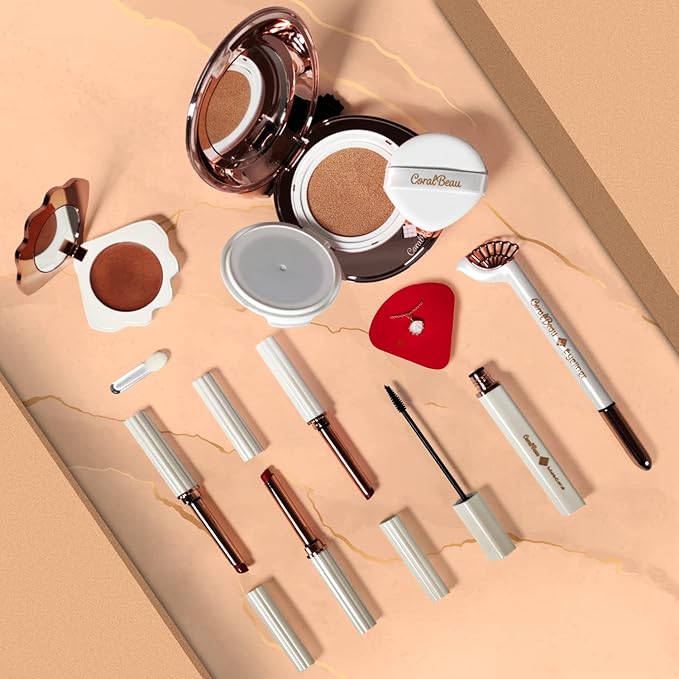 Shell Makeup Set - All in One Makeup Kit for Women with Compact BB Cream Powder, Eyeshadow Palette with Brown Shades, Eye Shadow Brush, Mascara, 3 Lipsticks, Necklace - Make Up Gift Set Box