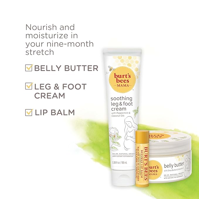 Burt's Bees Pregnancy Essentials Gifts Set, 3 Giftable Baby Shower Products & Must Have Baby Registry Items, Nourishing Skincare - Mama Belly Butter, Original Lip Balm, Leg & Foot Cream