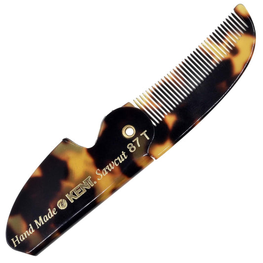 Kent 87T TY Handmade Folding Pocket Comb for Men, Fine Tooth Hair Comb Straightener for Everyday Grooming Styling Hair, Beard or Mustache, Use Dry or with Balms, Saw Cut Hand Polished, Made in England