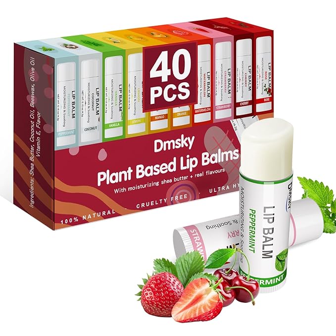 Dmsky Lip Balm Bulk, Fruit Lip Balm Variety Pack, Hydrating Lip Balm for Men Women Kids, 0.15 Oz, 40 count (Pack of 1)