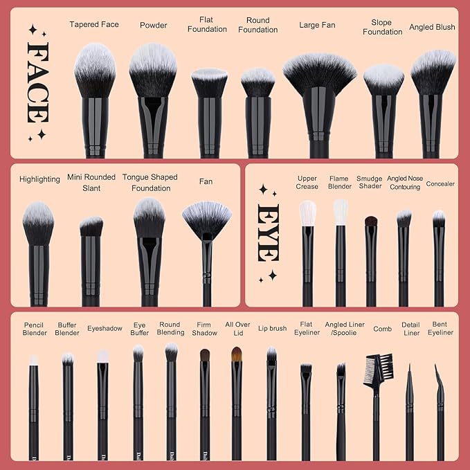 29pcs Black Professional Makeup Brush Set Kabuki Powder Concealers Eye shadows Blush Eyeliner Eyebrow Contour Eye blending Brushes (29pcs brush+black barrel)