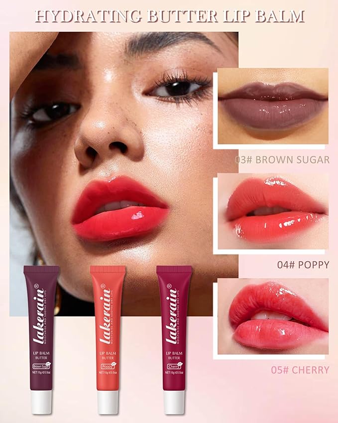 Tinted Lip Butter Balm-3 Colors Vanilla Beige Brown Poppy Pink Sugar Glossier Lip Gloss, Jelly Yummy Lip Stain Balm,Long Lasting Hydrating Non-Sticky Glow Reviver Fat Lip Care Oil for Women-Set B