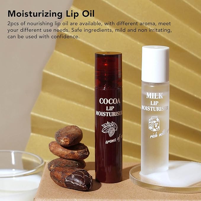 2pcs Lip Balm, Cocoa Bean Lip Oil, Milk Lip Oil, Hydrating Nourishing Roll On Lip Gloss Roll On Design Overlay Different Aroma