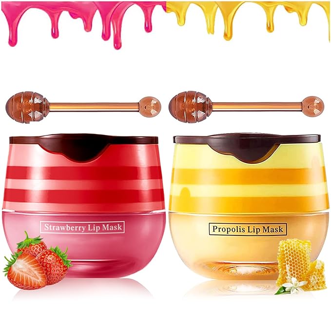 Honey Lip Balm Pot Lip Mask, Hydrating Propolis Lip Sleeping Mask, Prevent Dry&Cracked, Lip Repair Nourishes the Lip Skin (honey & strawberry)
