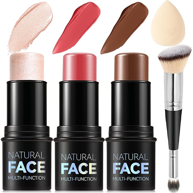 3Pcs Cream Contour Stick Makeup Kit, Shades with Highlighter Stick, Blush Stick and Bronzer Contour Stick for Sculpt the Cheeks, Long Lasting, Waterproof, Matte & Dewy Finish (LIGHT MEDIUM)
