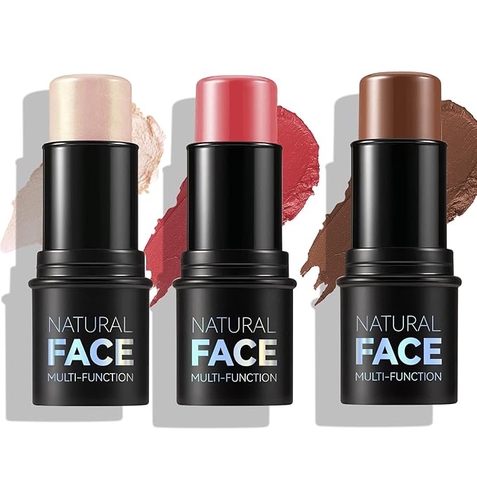 3 Pcs Face Contour Sticks Set, Shades with Highlighter & Contour & Blush Sculpted Complexion Wand Contour Long Lasting Natural Buildable Highlighters Contour Contouring Bronzer (01, 05, 06)