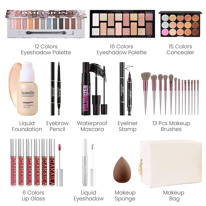 Makeup Present Set for Teen Girl Women, Travel Makeup Kit, Makeup Full Kit for Beginner, Makeup Bundle Include 2 Matte & Shimmer Eyeshadow Palettes, Liquid Glitter Eyeshadow & Eyeliner