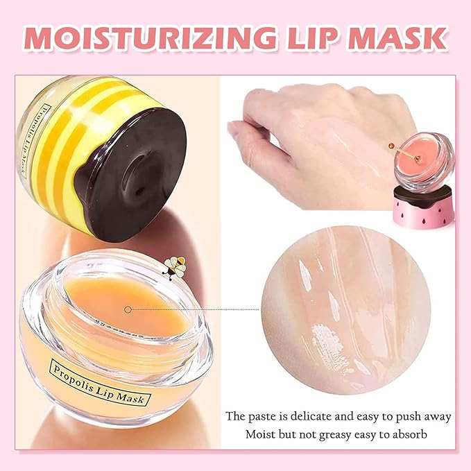 3 Pcs Bee Lip Balm Honey Pot,Honey&Strawberry&Watermelon Lip Sleeping Mask Hydrating Prevention Dry and Cracked Lip Scrubs Exfoliator Lip Care,Lip Mask Overnight Reduces Lip Lines