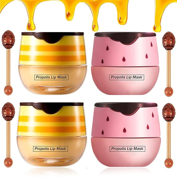 4PCS Nourishing Bee Lip Balm Honey Pot, Honey & Strawberry Lip Mask Moisturizing Lip Balm with Brush, Hydrating & Prevention Dry and Cracked Lips Reduces Lip Lines Lip Care Product