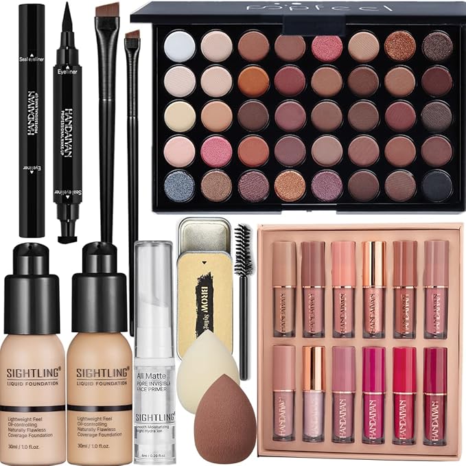 All in One Makeup Gift Kit, Includes 40 Colors Eyeshadow Palette, SIGHTLING Foundation & Face Primer, Winged Eyeliner Stamp, Lipstick Set, Eyebrow Soap, Makeup Sponge for Women Full Kit