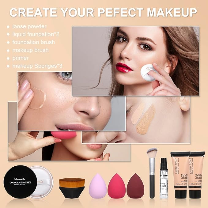 Foundation Liquid Full Coverage Matte Oil Control Concealer with Face Primer & Makeup Brush & Makeup Sponges