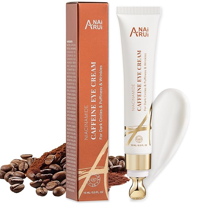 ANAI RUI Caffeine Eye Cream, Niacinamide Eye Cream for Dark Circles and Puffiness, Anti Aging & Friming Eye Cream with Eye Roller, Caffeine Under Eye Cream for Puffy Eyes, Bag Treatment 0.5 FL.OZ
