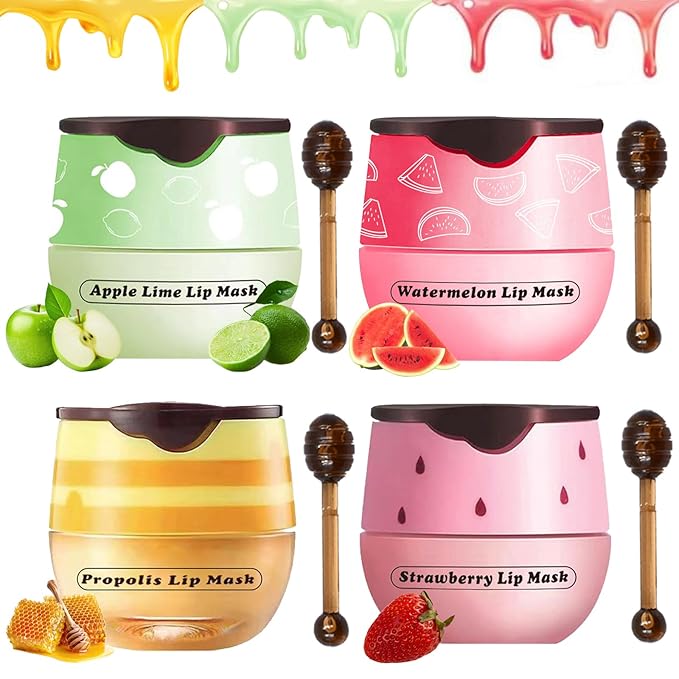 4PCS Lip Balm Honey Pot, Honey Pot Lip Balm for Dry Cracked Lips, Strawberry Lip Balm Scrubs Exfoliator & Moisturizer, Hydrating Lip Balm Honey Pot with Wand, Lip Sleeping Mask (4pcs)