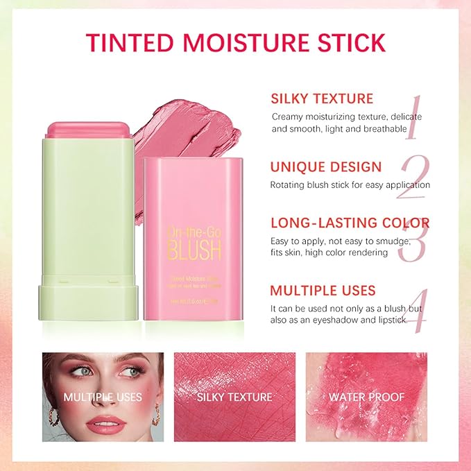 Multi-Use Makeup Blush Stick, Cream Face Blush Makeup Stick for Cheeks Eyes Lips, Super Natural Matte Finish Looking Long-Lasting Moisturizing Blush Stick, Suitable for All Skin (2#, Hot Red)