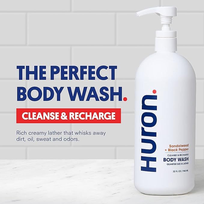 Huron Men’s Moisturizing Body Wash - Clean & Woody Scent of Sandalwood, Black Pepper, Cedarwood, & Amber - Made With Coconut Oil, Vitamin E & Witch Hazel - Vegan, Cruelty-Free - 32 fl oz
